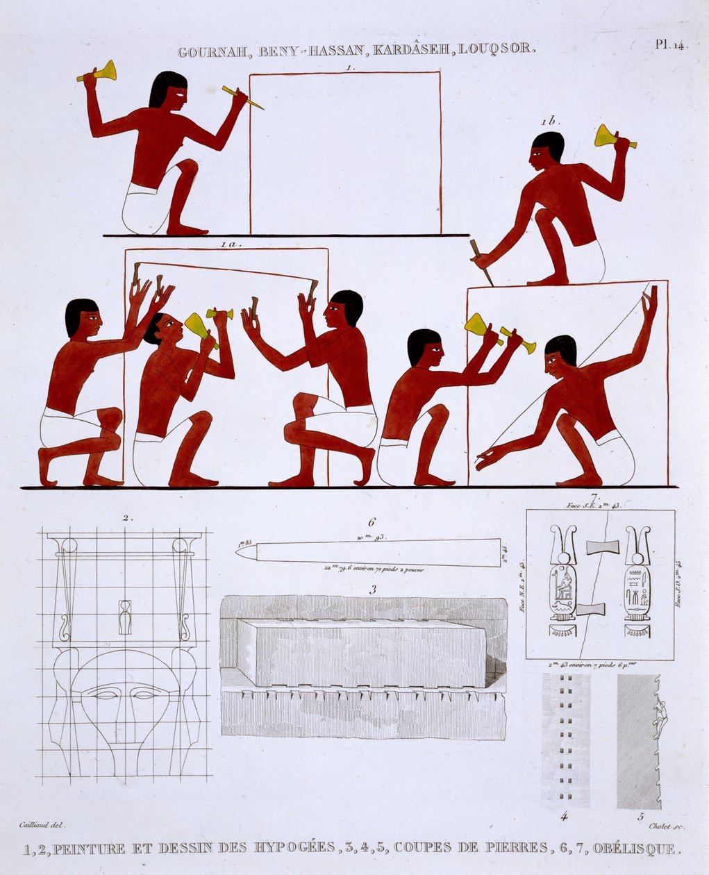 Kivenmuurarit työssä, harvinaisista Theban freskoista, nauhoitti Frederic Cailliaud (1787-1869) toisella Egyptin vierailullaan 1819-1822, väri litho tekijältä Frederic (after) Cailliaud