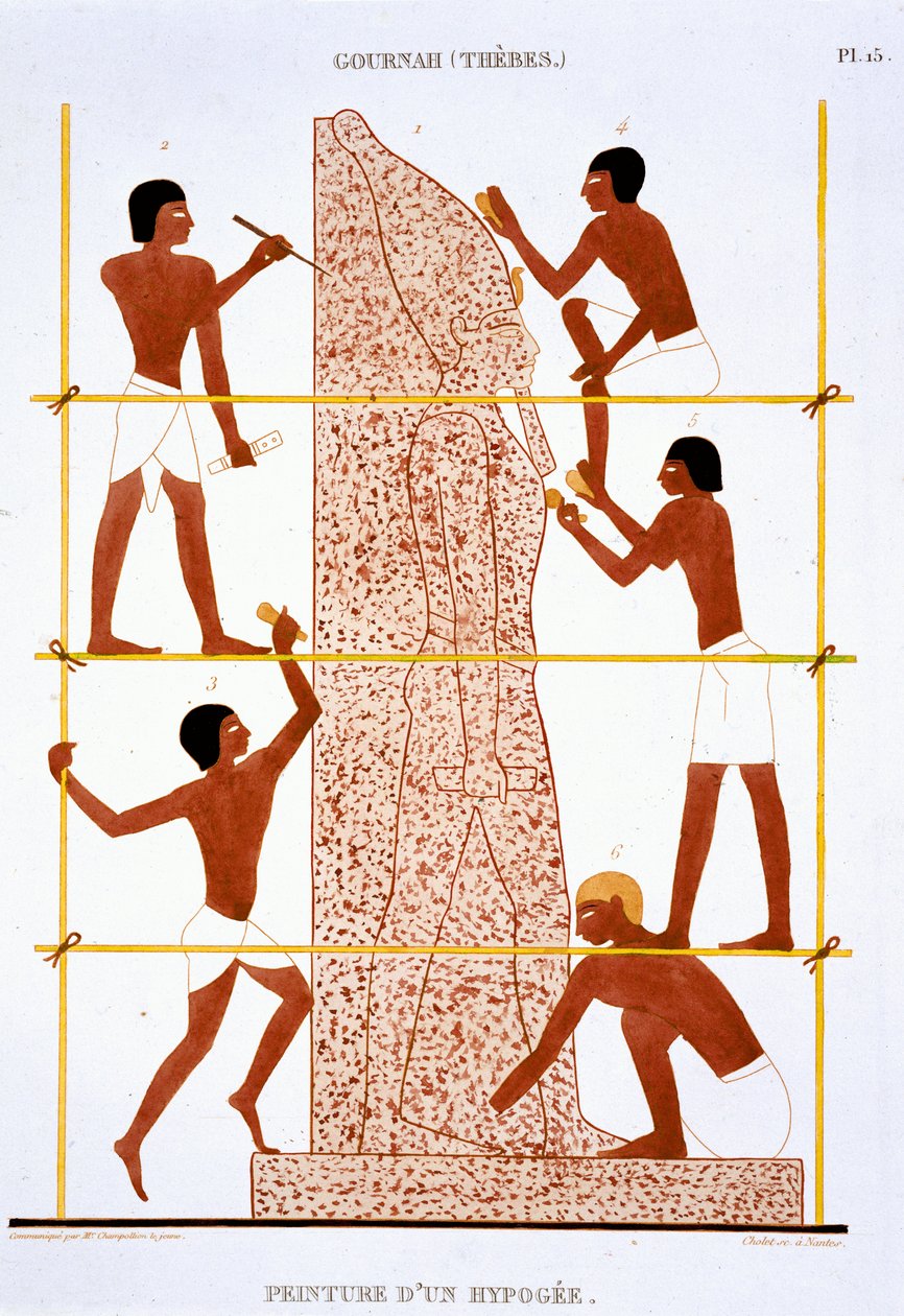 Kivenmuurarit tekivät valtavan faraon patsaan Theban harvinaisista freskoista, jotka on tallennettu 1819-1822 toisella vierailullaan Egyptiin tekijältä Frederic (after) Cailliaud