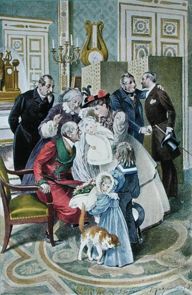 Vierailu isovanhempien luona, alkuperäisen akvarellin mukaan, 1800-luvun loppupuoli (värilitro). tekijältä Frederic (after) Regamey