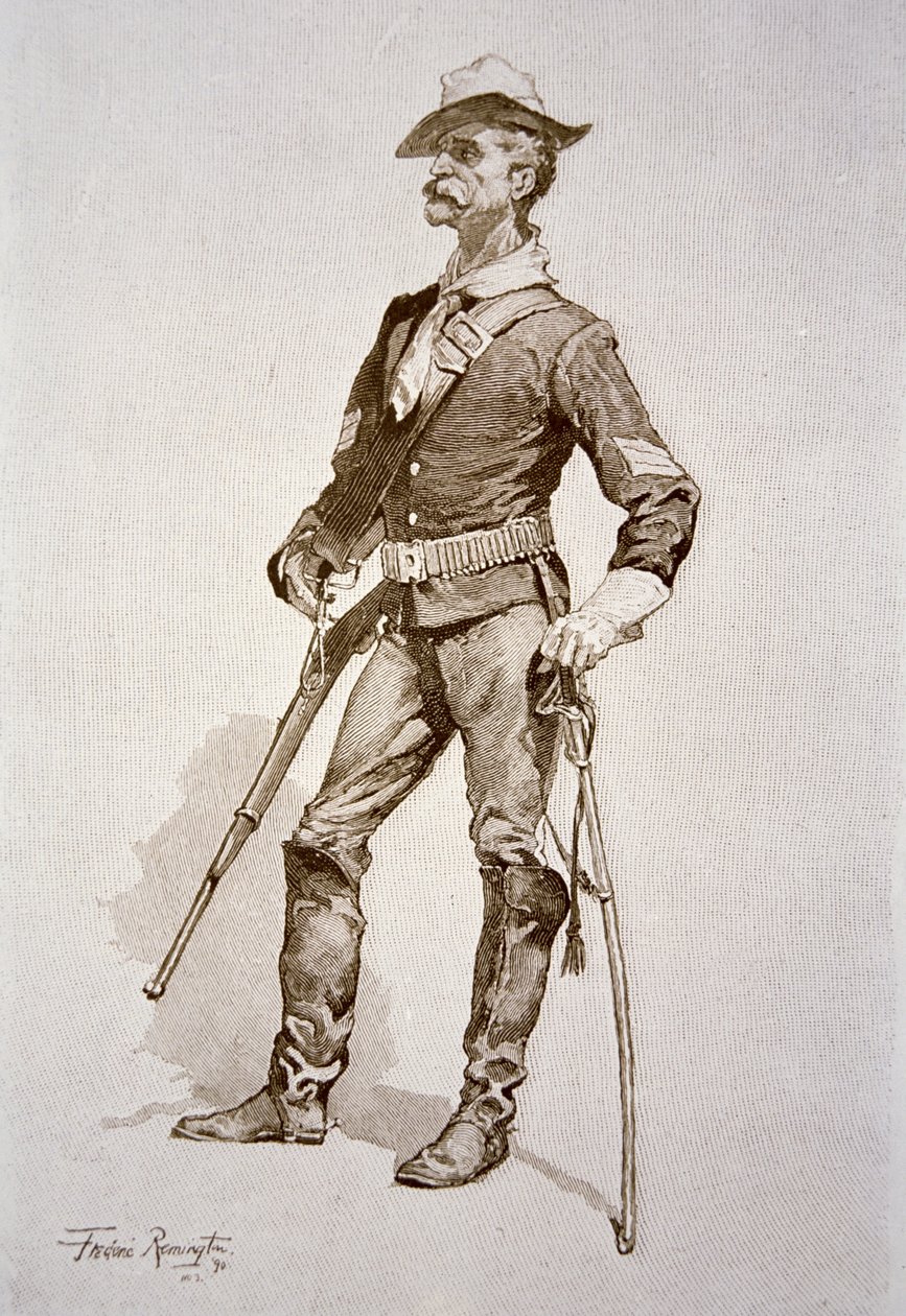 Yhdysvaltain ratsuväen kersantti vuoden 1890 piirustuksen jälkeen (kaiverrus) tekijältä Frederic (after) Remington