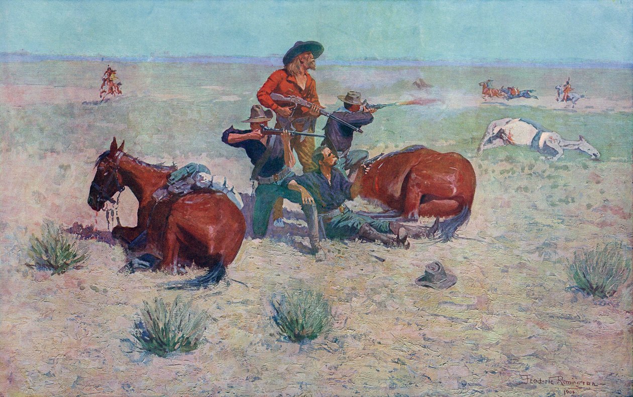 Intiaanit hyökkäävät cowboeihin. Frederic Remington. tekijältä Frederic (after) Remington