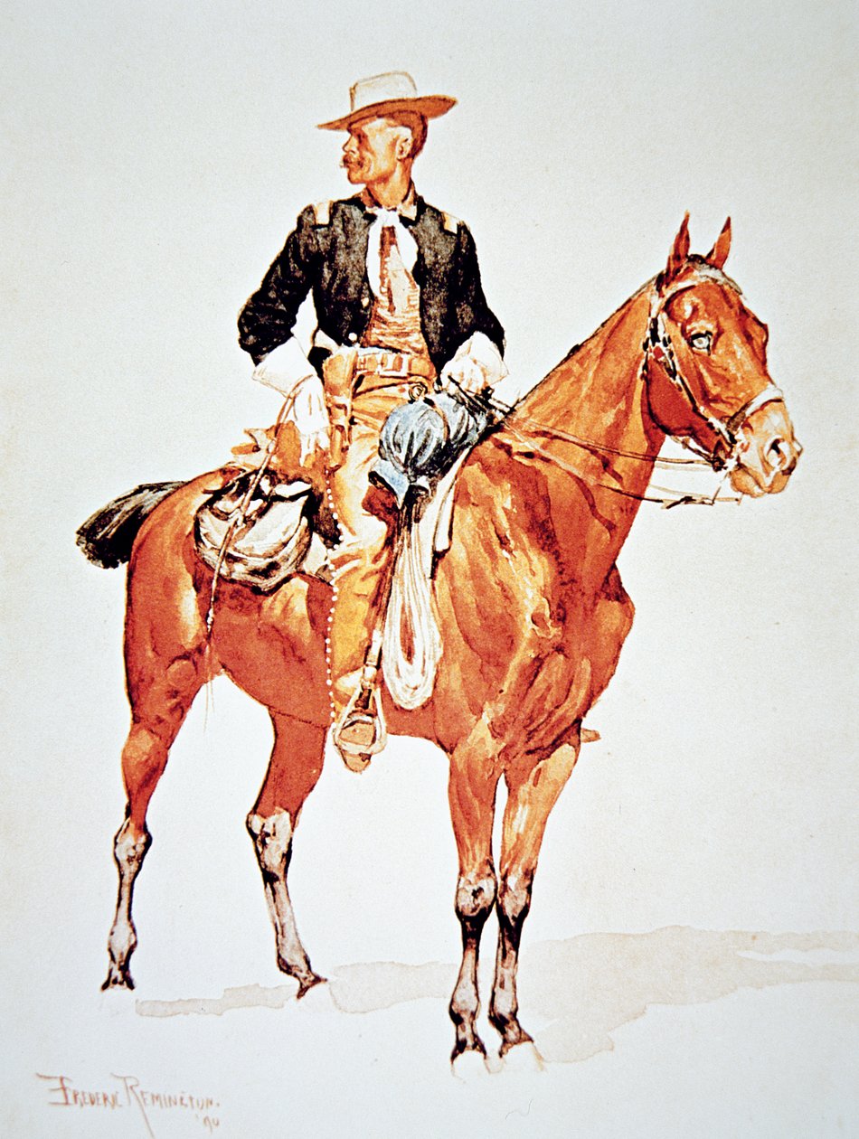 Luutnantti S.C. Robertson, varispartiolaisten päällikkö, vuoden 1890 akvarelliväristä (värilitho) tekijältä Frederic (after) Remington
