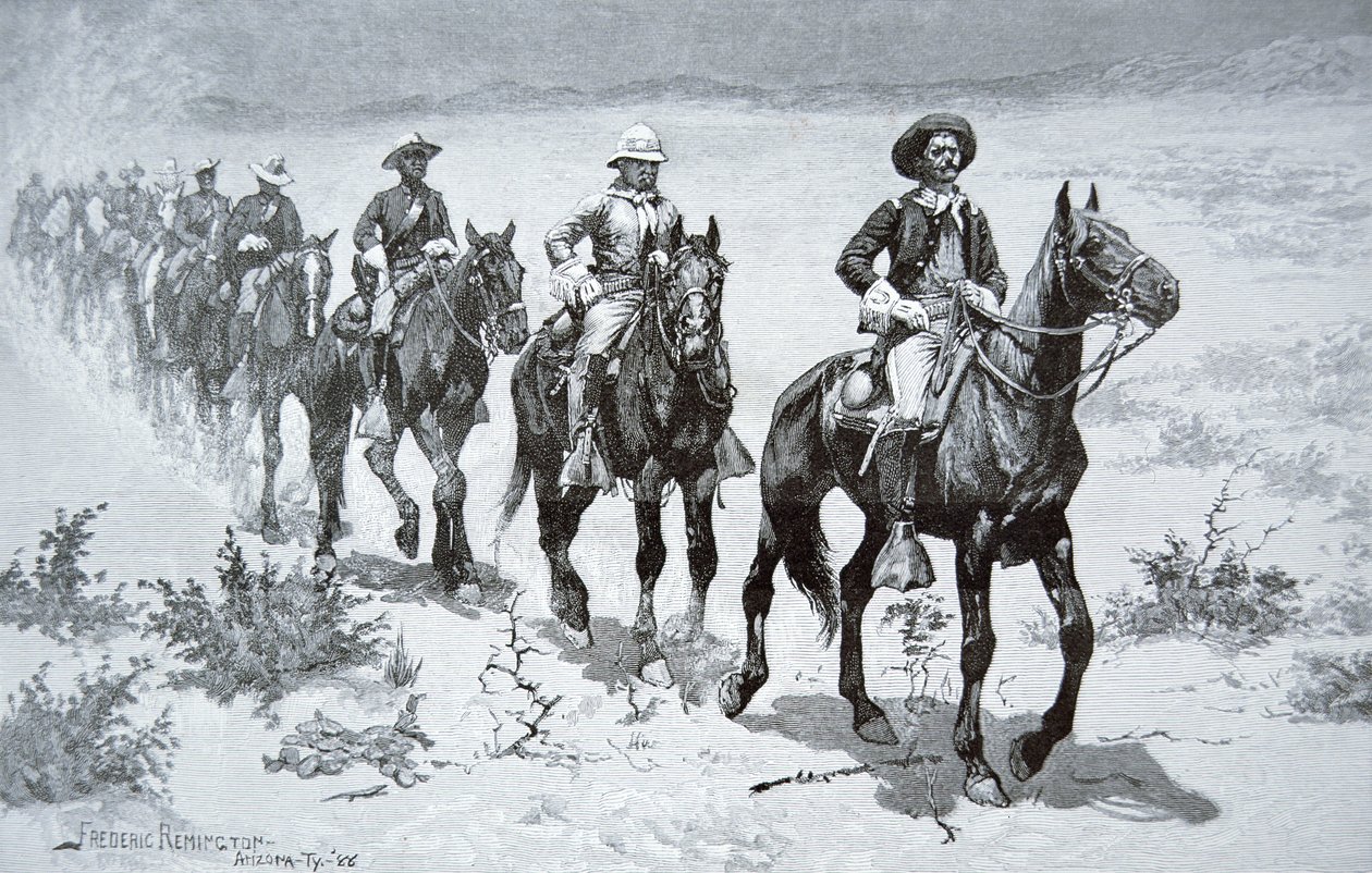 Yhdysvaltain "Buffalo Soldiers" marssimassa autiomaassa, vuoden 1888 piirroksesta (kaiverrus) tekijältä Frederic (after) Remington