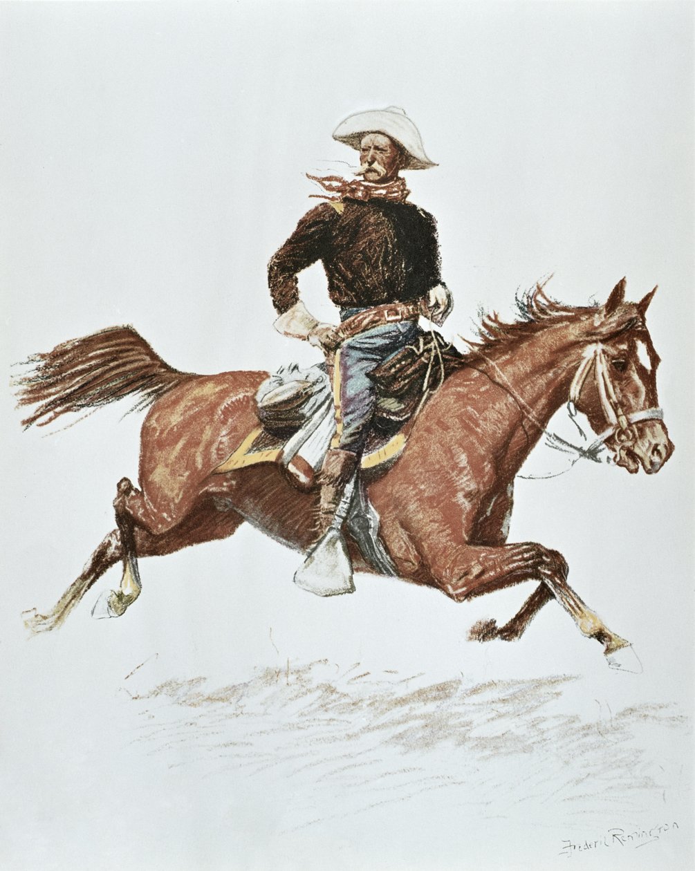 Yhdysvaltain ratsuväen upseeri 1870-luvun kampanjapuvussa (väri litho) tekijältä Frederic (after) Remington