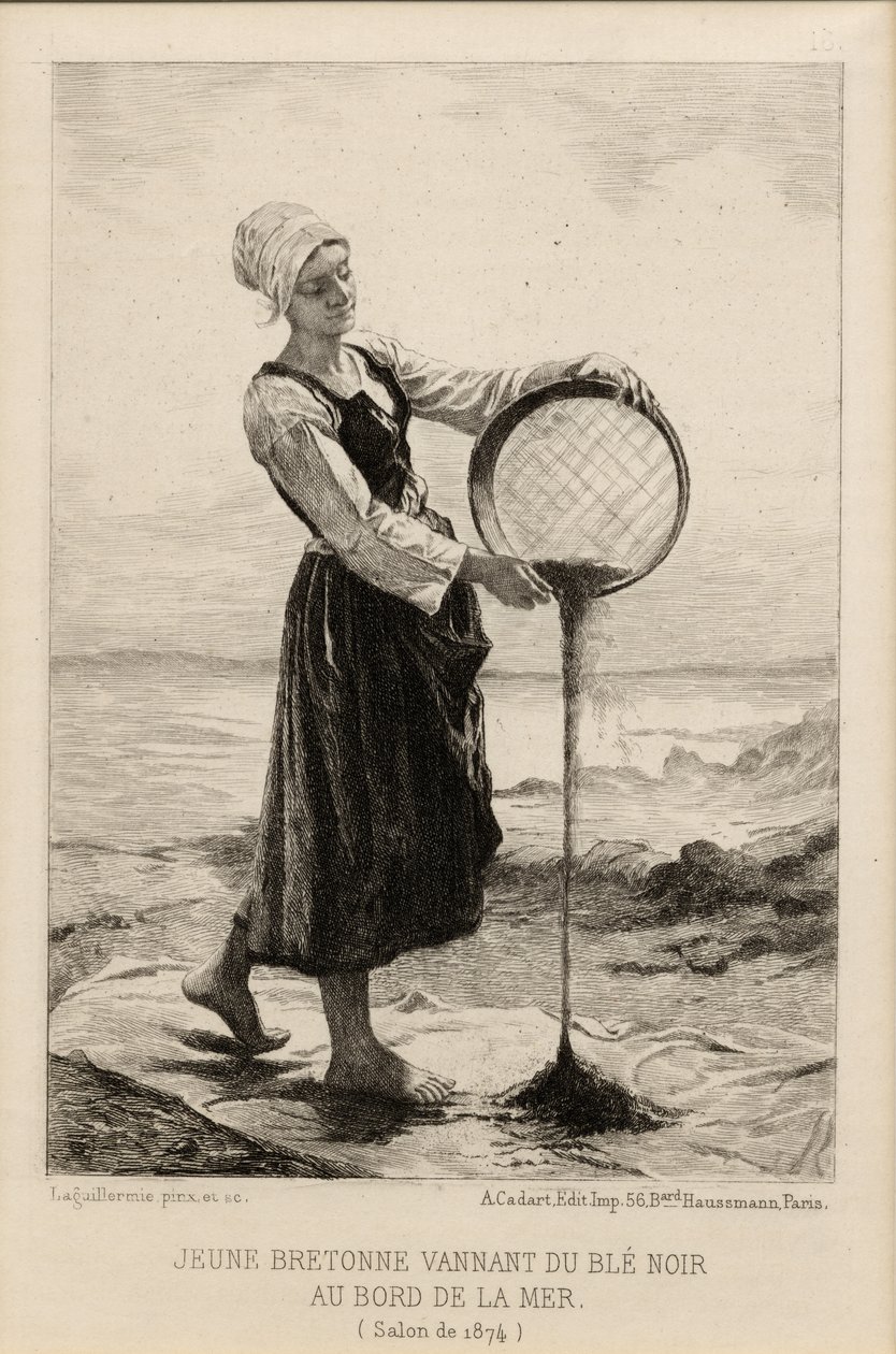Nuori bretoni, joka niittää tattaria meren rannalla, Cadartin kaiverrus 1874 (painokuva). tekijältä Frederic Auguste Laguillermie