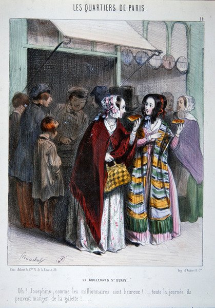 Kaksi pariisilaista syömässä kakkua Boulevard St. Denisillä, kuvitus sarjasta "Les Quartiers de Paris" (värilitho) tekijältä Frederic Bouchot