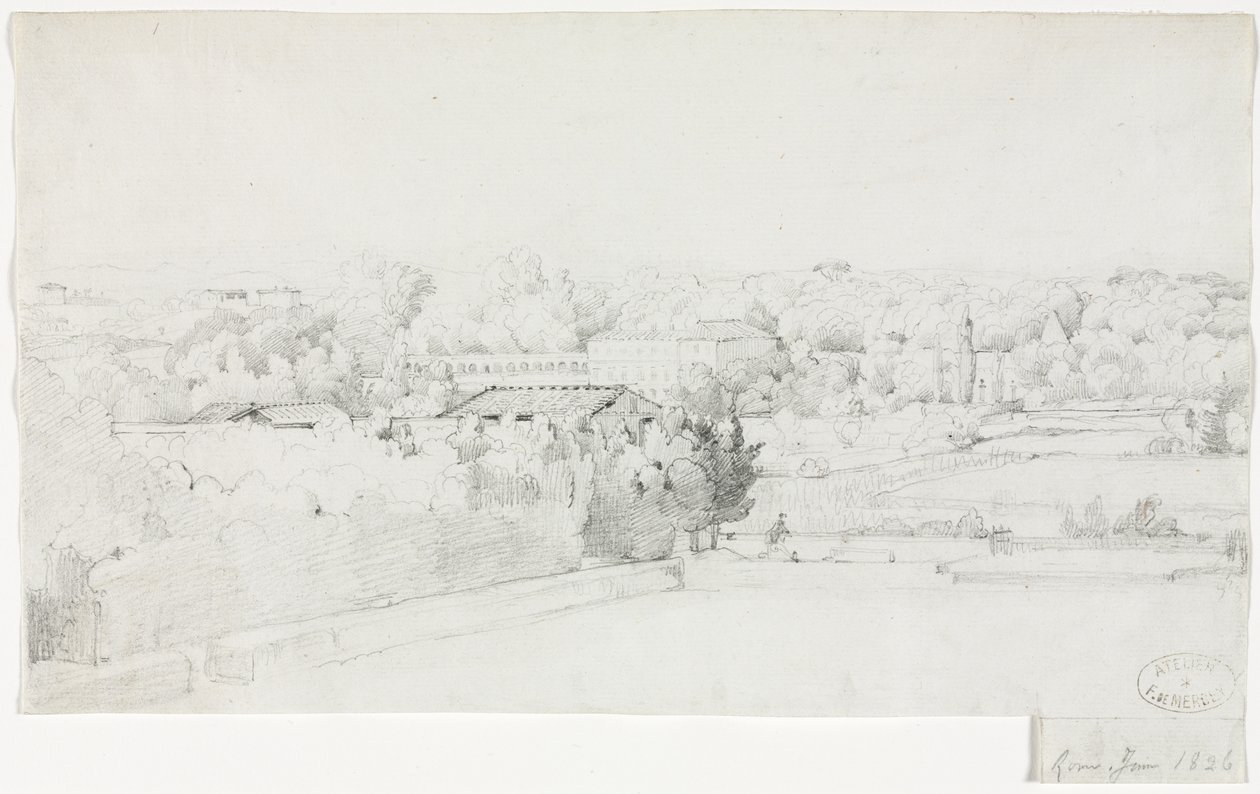 Näkymä Villa Borgheselle ja sen Orangerielle Villa Medicistä, 1826. tekijältä Frederic Bourgeois de Mercey