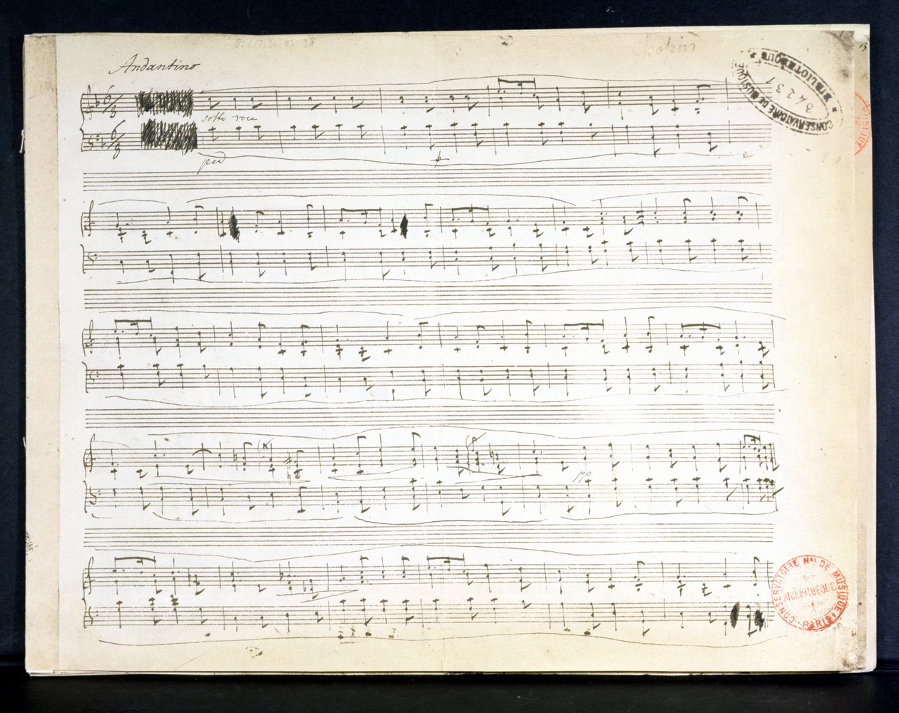 Faksimile kappaleen "Ballade Number 2 in F" partituurista tekijältä Frederic Chopin