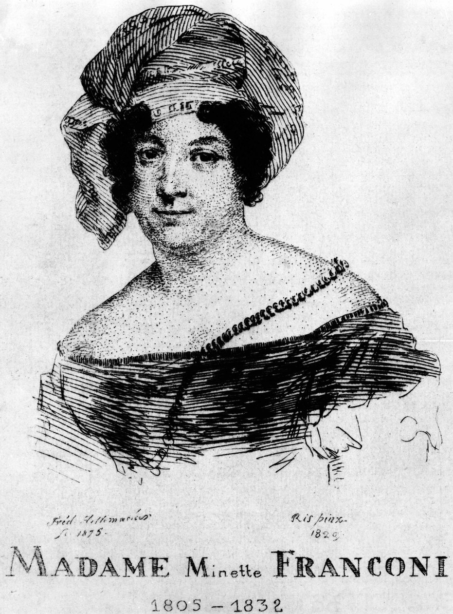 Sirkus: Frédéric Hillemacherin Eau forte, muotokuva rouvasta. Minette Franconi (1805-1832) - elokuvassa "The Franconi Circus". tekijältä Frederic Desire Hillemacher
