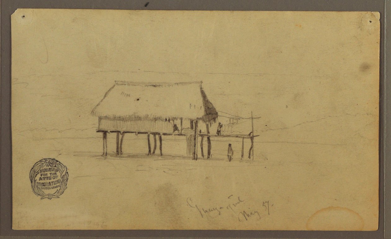 Piirros, Hytti tolppien päällä, Guayaquil, Ecuador, toukokuu 1857. tekijältä Frederic Edwin Church