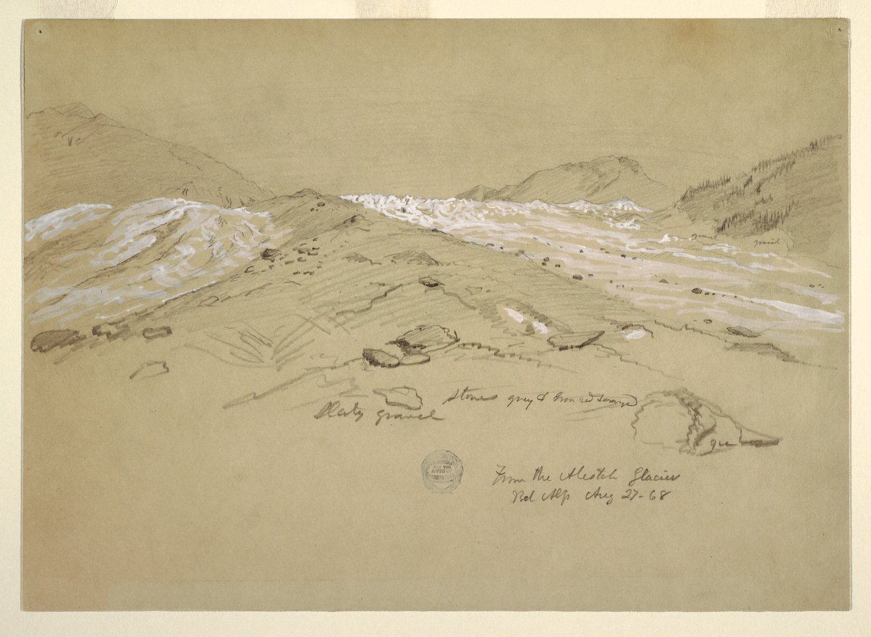 Piirros, Aletschin jäätikkö, Bernin Alpit, Sveitsi, 28. elokuuta 1868. tekijältä Frederic Edwin Church