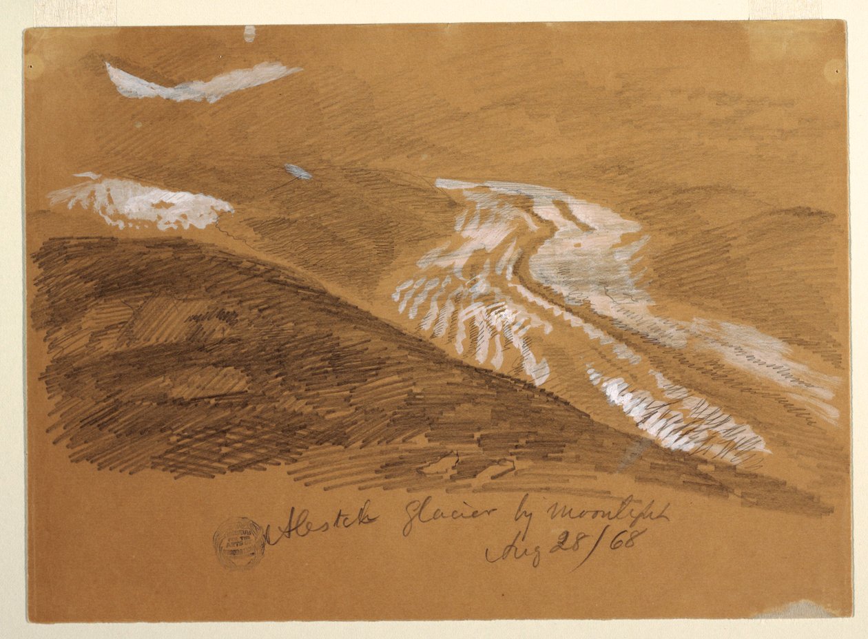 Piirros, Aletschin jäätikkö kuunvalossa, Bernin Alpit, Sveitsi, 28. elokuuta 1868. tekijältä Frederic Edwin Church