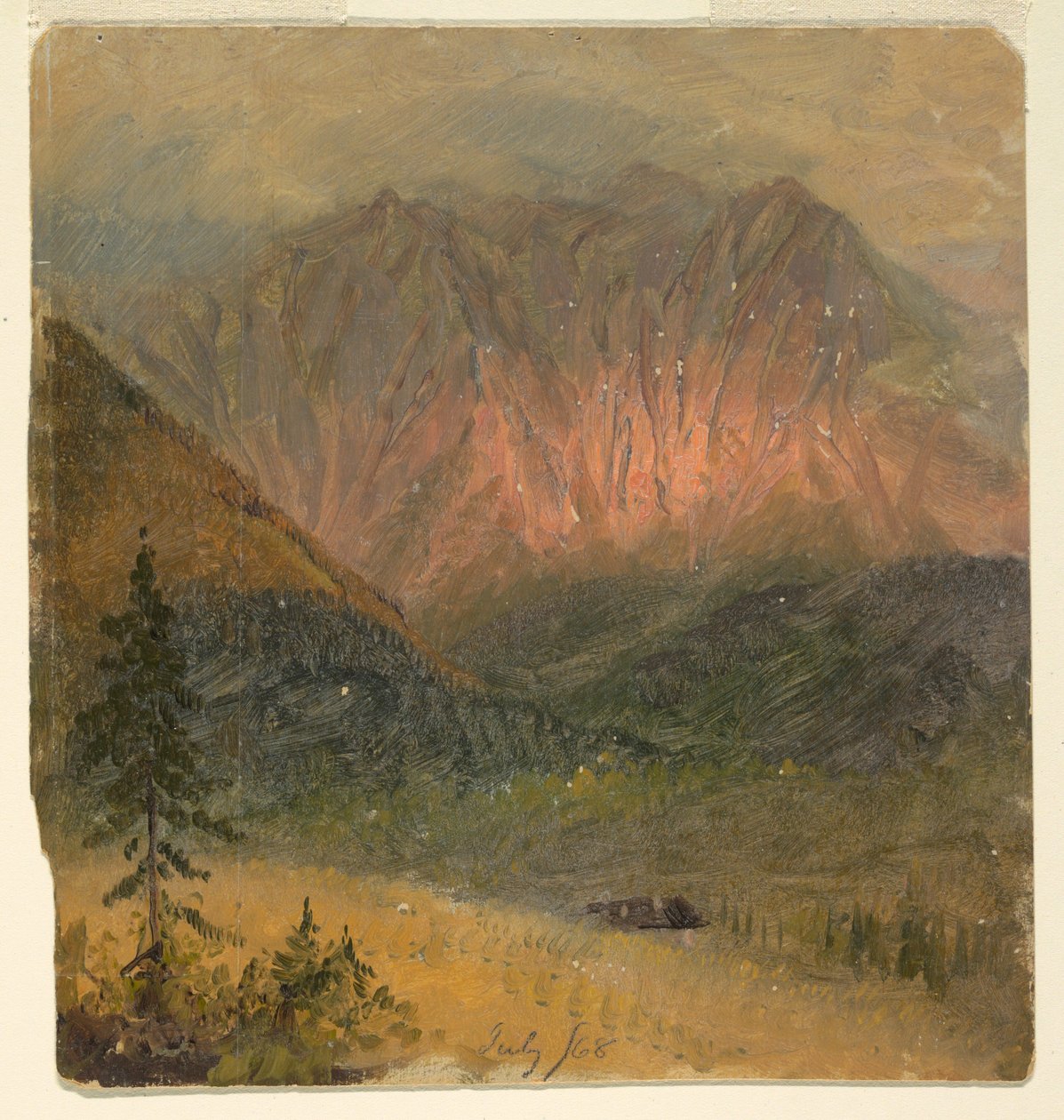 Piirros, Alppitutkimus auringonlaskusta, heinäkuu 1868 tekijältä Frederic Edwin Church