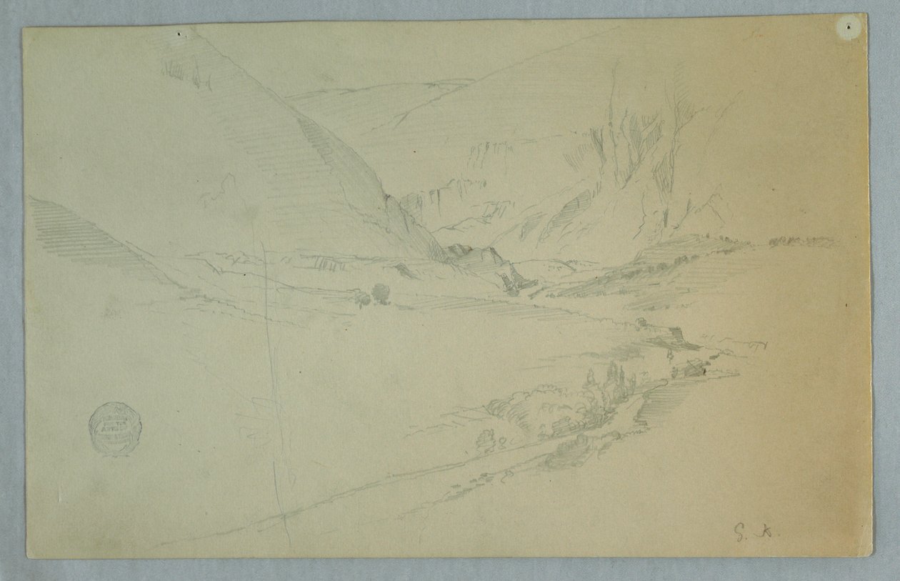 Piirros, Andien vuoristolaakso ja kiemurteleva puro, Kolumbia tai Ecuador, 1857 tekijältä Frederic Edwin Church