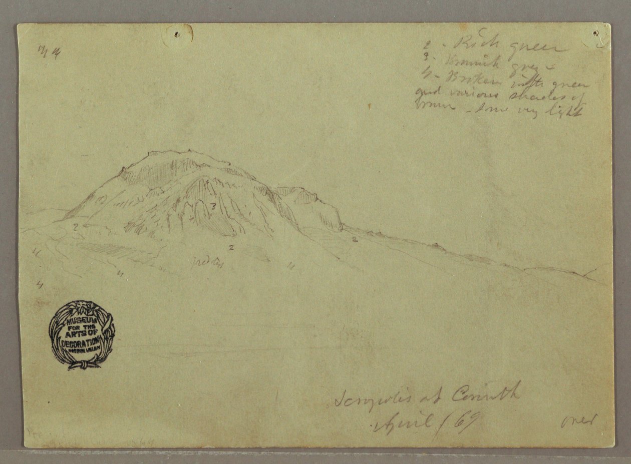 Piirros, Paljas kukkula, Korintin Akropolis, Kreikka, huhtikuu 1869. tekijältä Frederic Edwin Church
