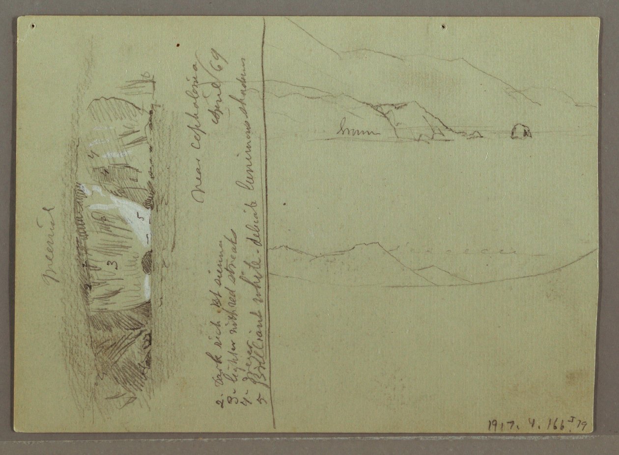Piirros, Paljas kukkula, Korintin Akropolis, Kreikka, huhtikuu 1869. tekijältä Frederic Edwin Church