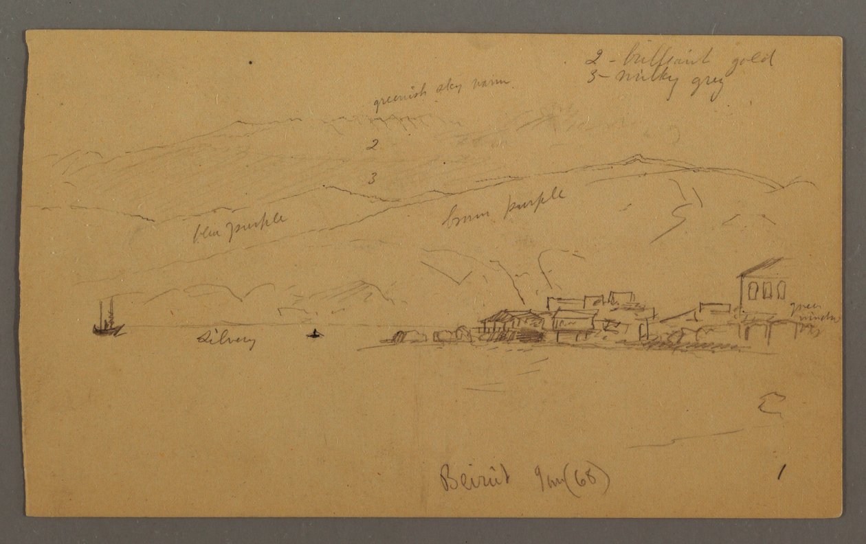 Piirros, Lahti talojen kanssa, takana vuoret, tammikuu 1868. tekijältä Frederic Edwin Church