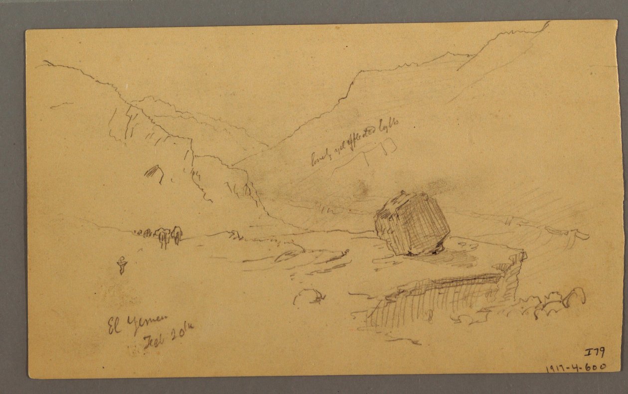 Piirros, Lahti talojen kanssa, takana vuoret, tammikuu 1868. tekijältä Frederic Edwin Church