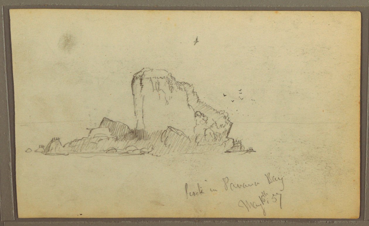 Piirros, Bireds, "Kallio Panamanlahdella"; Kääntöpuoli: "Raskas köynnös", 15. toukokuuta 1857. tekijältä Frederic Edwin Church