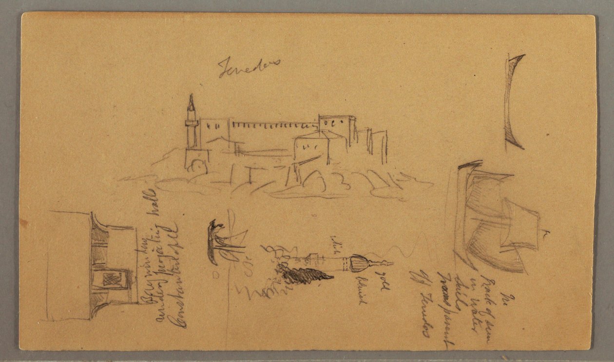 Piirros, linna, minareetti, purjeveneet, talo, toukokuu 1868 tekijältä Frederic Edwin Church