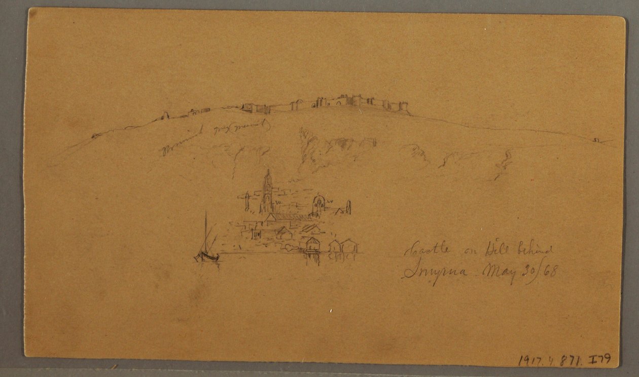 Piirros, linna, minareetti, purjeveneet, talo, toukokuu 1868 tekijältä Frederic Edwin Church