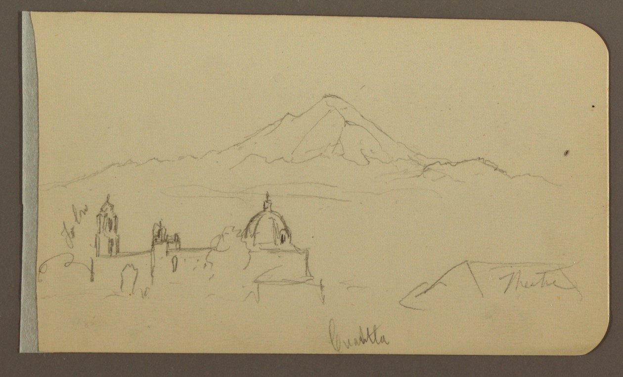 Piirros, katedraali, vuori, Cuautla; Kääntöpuoli: talo, kirkko, puu Cuautla, helmikuu 1885. tekijältä Frederic Edwin Church