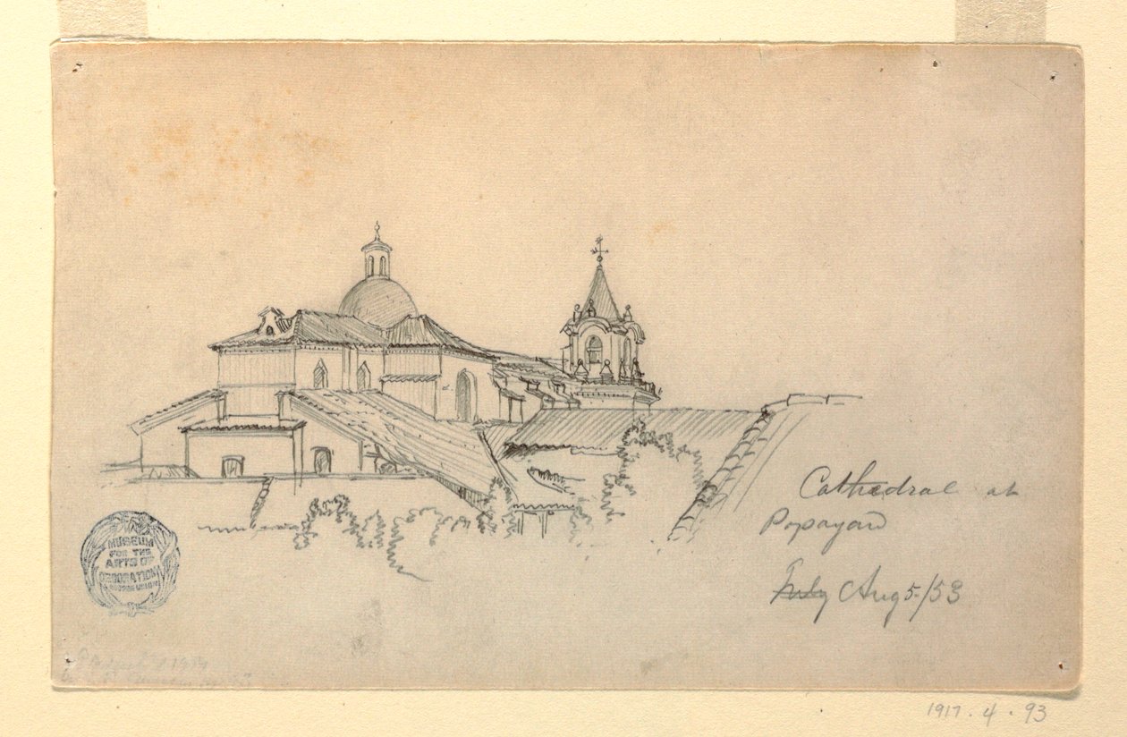 Piirros, Popayanin katedraali, Kolumbia, 5. elokuuta 1853. tekijältä Frederic Edwin Church