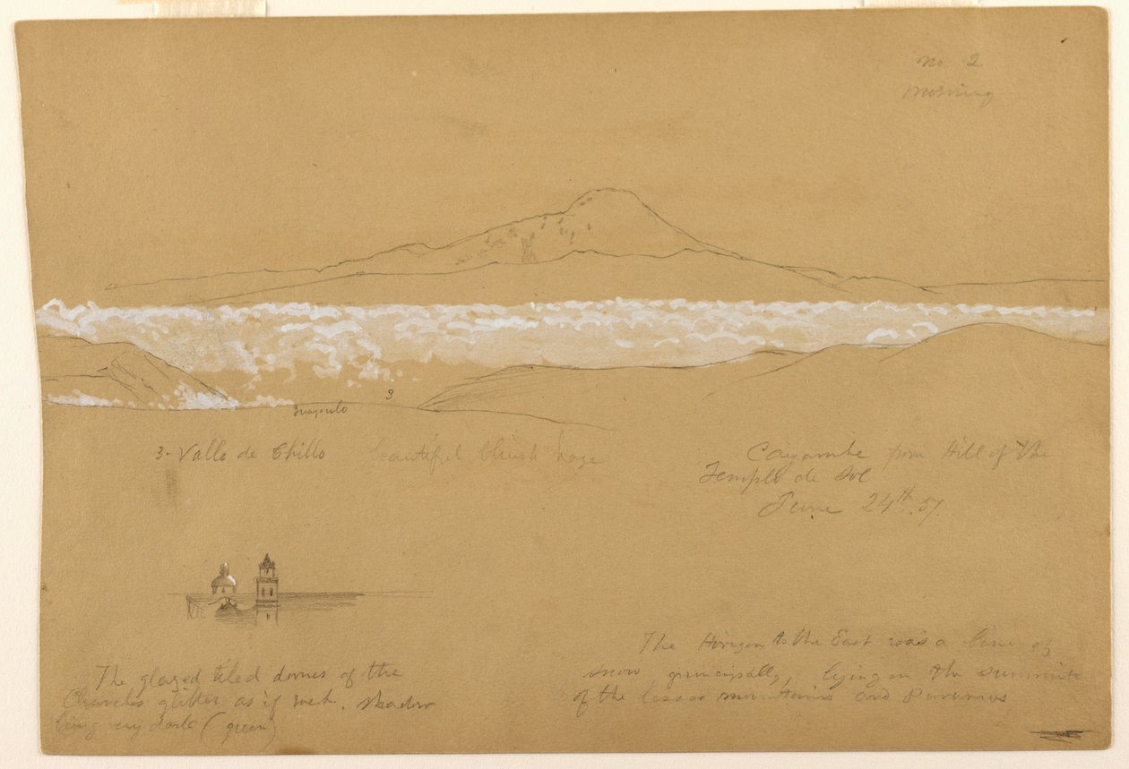Piirros, Cayambé, aamu, auringon temppelistä, Quito, 24. kesäkuuta 1857. tekijältä Frederic Edwin Church