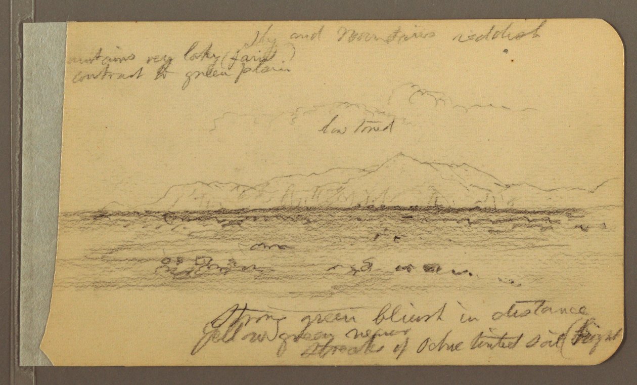Piirros, kirkko, torni, talo; Kääntöpuoli: Vuoristo, 1889 tekijältä Frederic Edwin Church