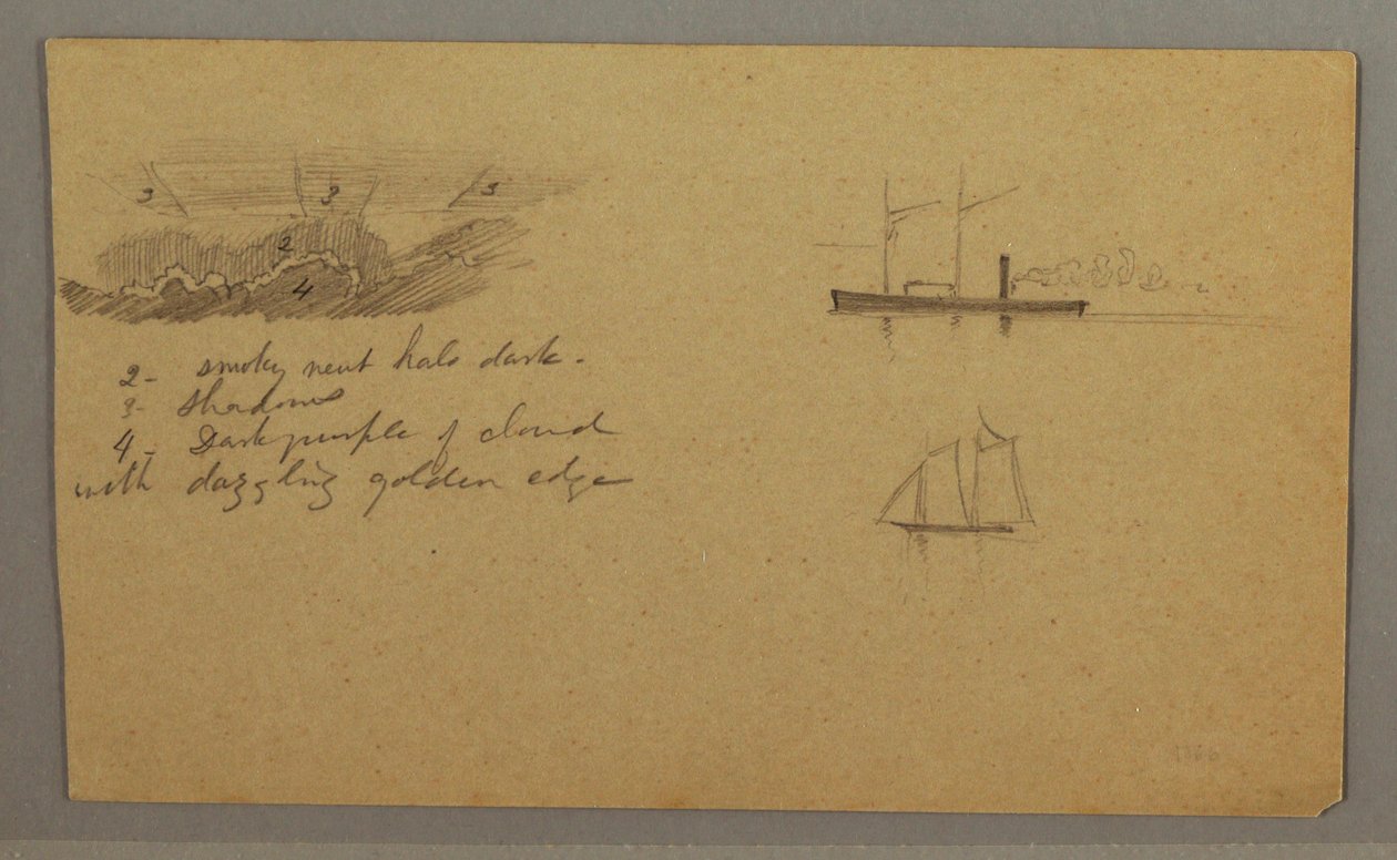 Piirustus, Pilvitutkimus, höyrylaiva, purjevene, mahdollisesti 1865-66. tekijältä Frederic Edwin Church