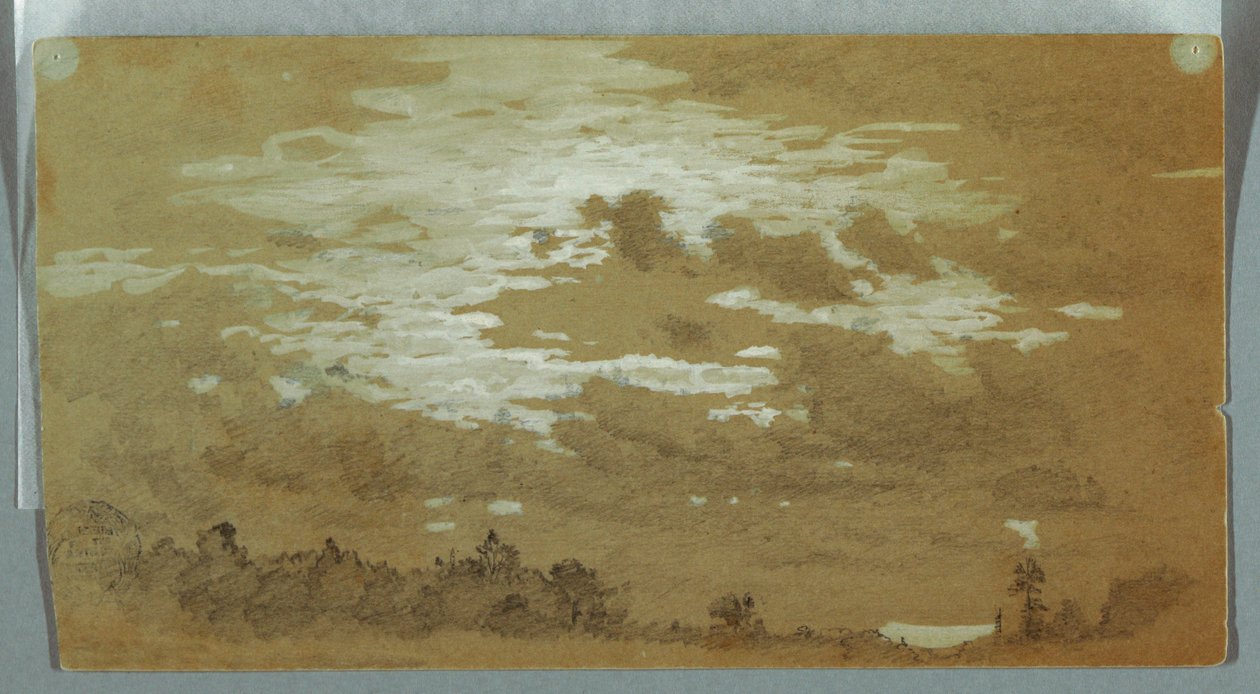 Piirros, Pilvinen taivas metsäisen harjanteen yllä, Niagara, mahdollisesti 1858. tekijältä Frederic Edwin Church