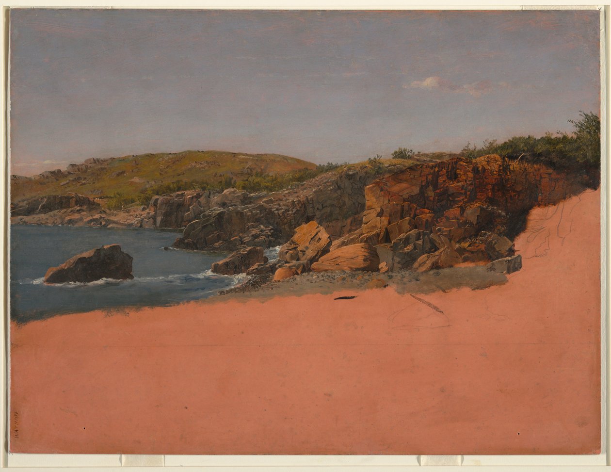 Piirros, Mount Desert Islandin rannikko (Sand Beach), n. 1850. tekijältä Frederic Edwin Church