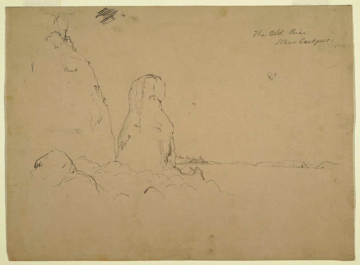 Piirros, rannikko ja "The Old Friar Neaer Eastport", n. 1851. tekijältä Frederic Edwin Church