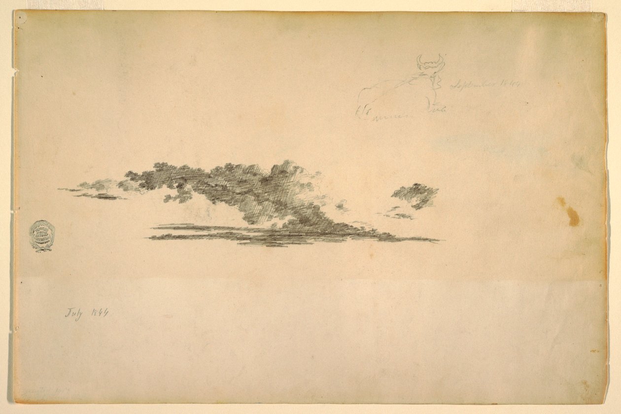 Piirros, lehmä, pilviä, heinä- ja syyskuu 1844 tekijältä Frederic Edwin Church