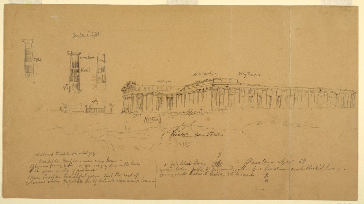 Piirustus, Athenen (entinen Ceres), Hera II:n (entinen Neptunus) ja Hera I:n (entinen Basilica) doriset kreikkalaiset temppelit, Paestum, Salerno, Italia, huhtikuu 1869. tekijältä Frederic Edwin Church