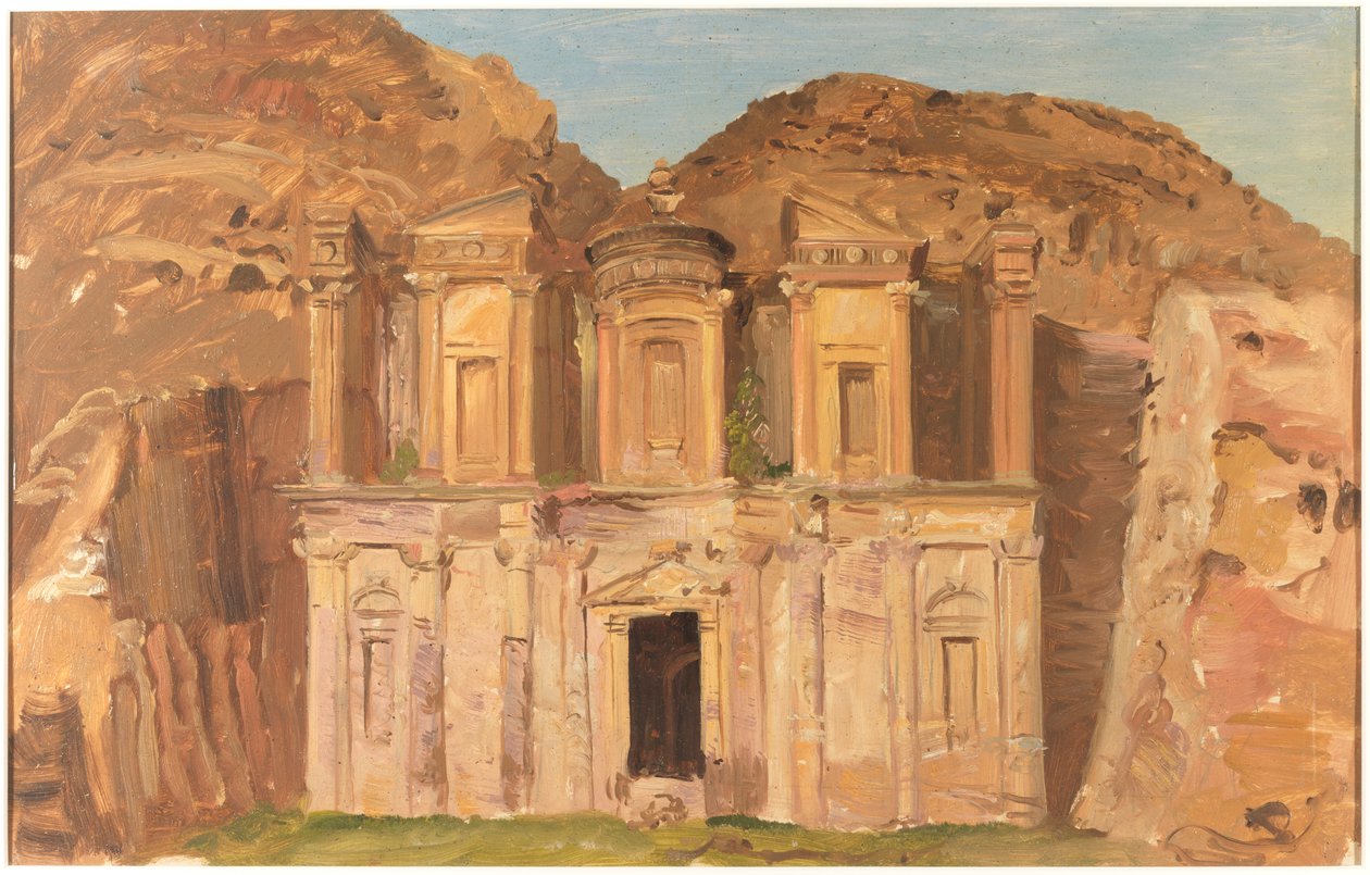 Piirros, Ed Deir Rockin temppeli, Petra, helmikuun loppu 1868. tekijältä Frederic Edwin Church