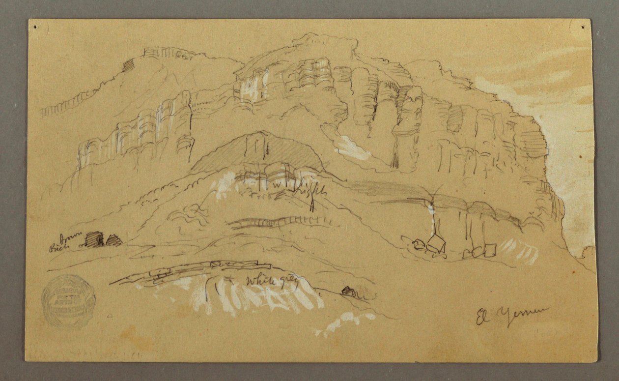 Piirros, El Jemenin laakso, Arabia:  Kallioseinä, 20. helmikuuta 1868 tekijältä Frederic Edwin Church