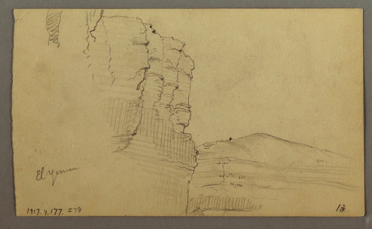 Piirros, El Jemenin laakso, Arabia: Kallioseinä, jonka yläosa muistuttaa pylväsriviä, 20. helmikuuta 1868. tekijältä Frederic Edwin Church