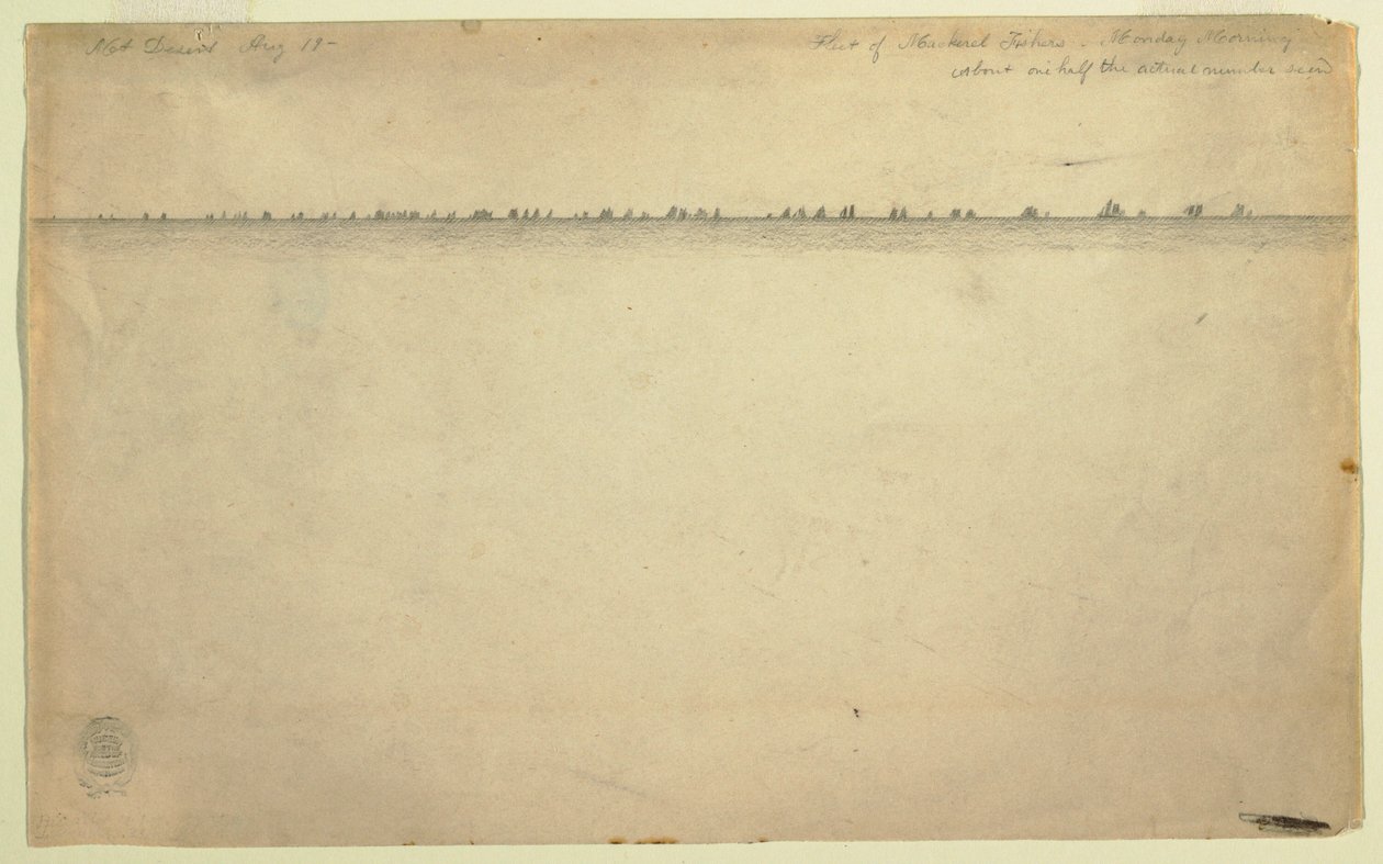 Piirros, makrillinpyytäjien laivue, Mount Desert, Maine, 19. elokuuta 1850. tekijältä Frederic Edwin Church
