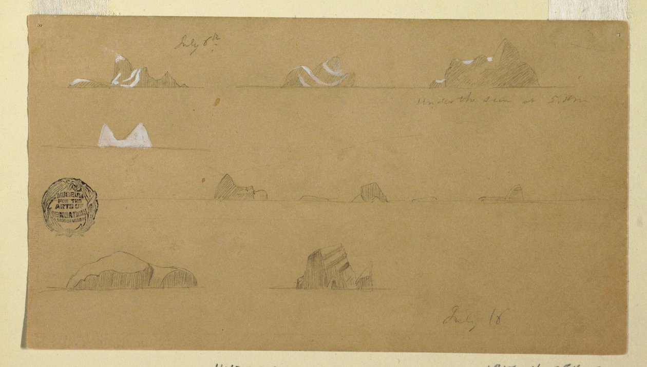 Piirros, kelluvat jäävuoret, 6. ja 16. heinäkuuta 1859. tekijältä Frederic Edwin Church
