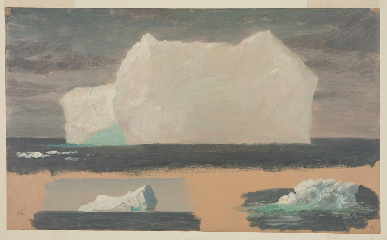 Piirros, kelluvat jäävuoret lähellä Twillingatea, Newfoundland, 4. heinäkuuta 1859. tekijältä Frederic Edwin Church