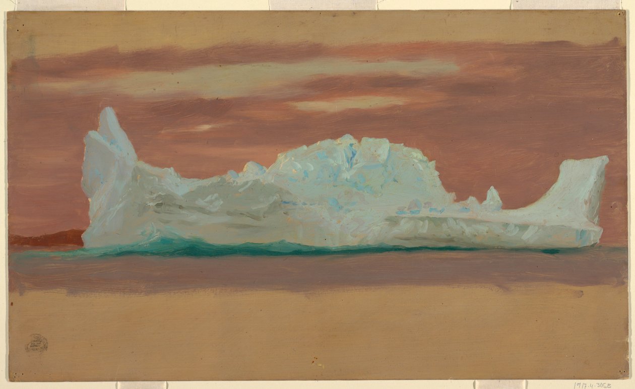 Piirros, Kelluvia jäävuoria pilvisellä taivaalla, Newfoundland, heinäkuu 1859. tekijältä Frederic Edwin Church