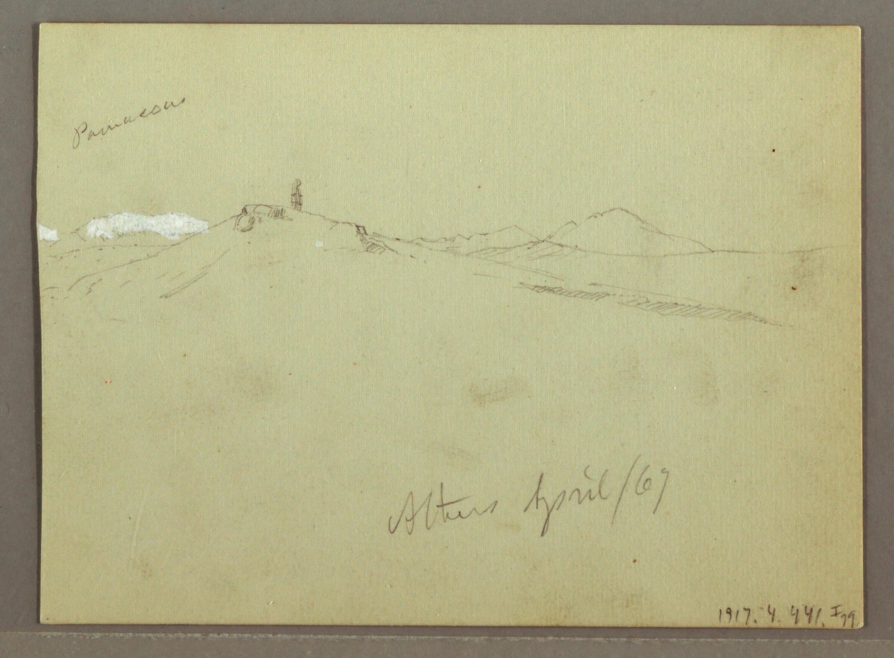 Piirros, Lammaslauma ja paimen, lumen peittämät vuoristot, huhtikuu 1869. tekijältä Frederic Edwin Church