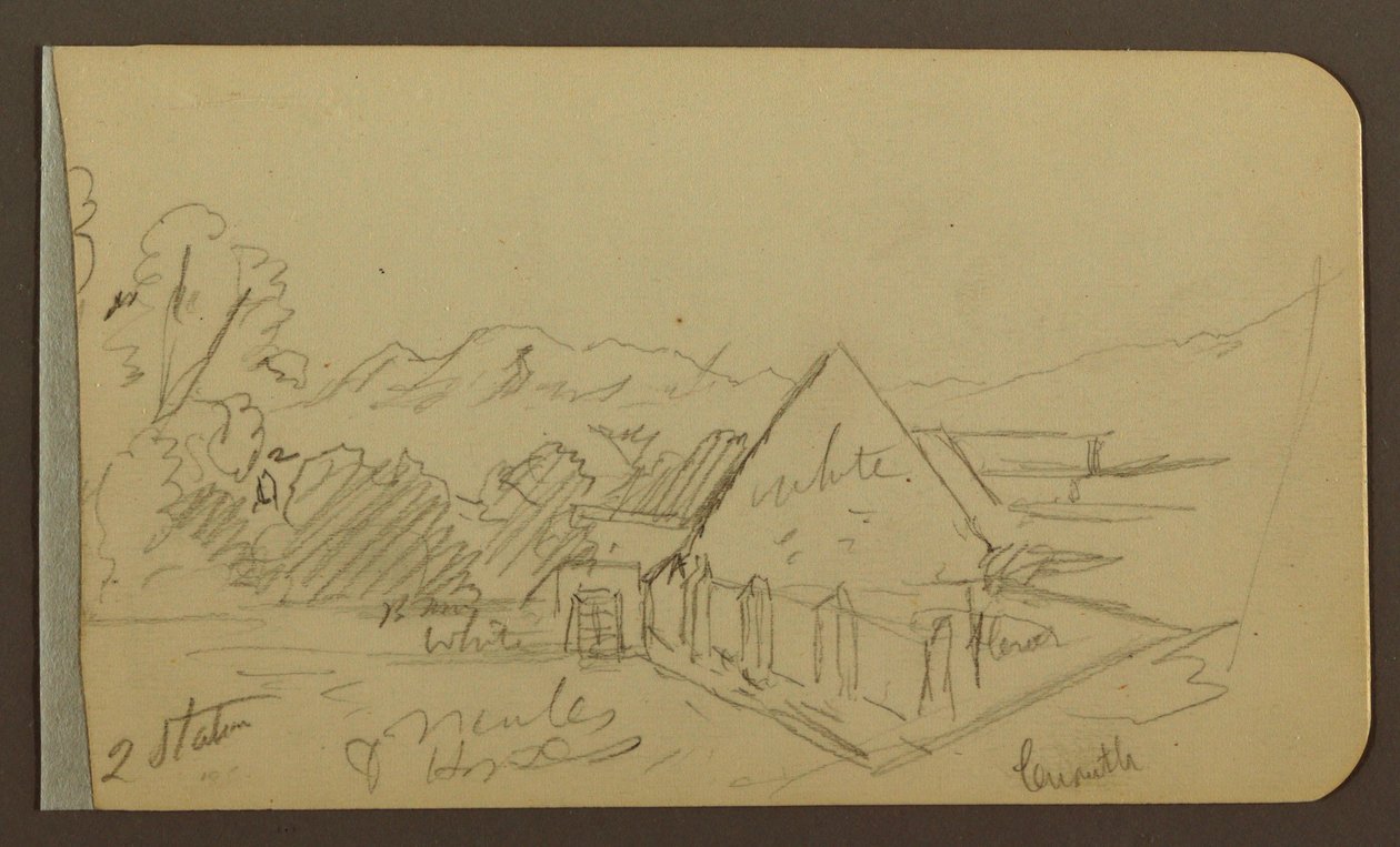 Piirros, puutarha, talo, Cuautla; Kääntöpuoli: kirkko, lato, Cuautla, helmikuu 1885. tekijältä Frederic Edwin Church