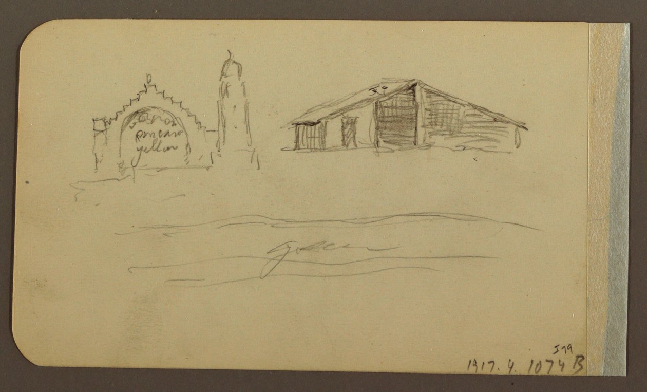 Piirros, puutarha, talo, Cuautla; Kääntöpuoli: kirkko, lato, Cuautla, helmikuu 1885. tekijältä Frederic Edwin Church