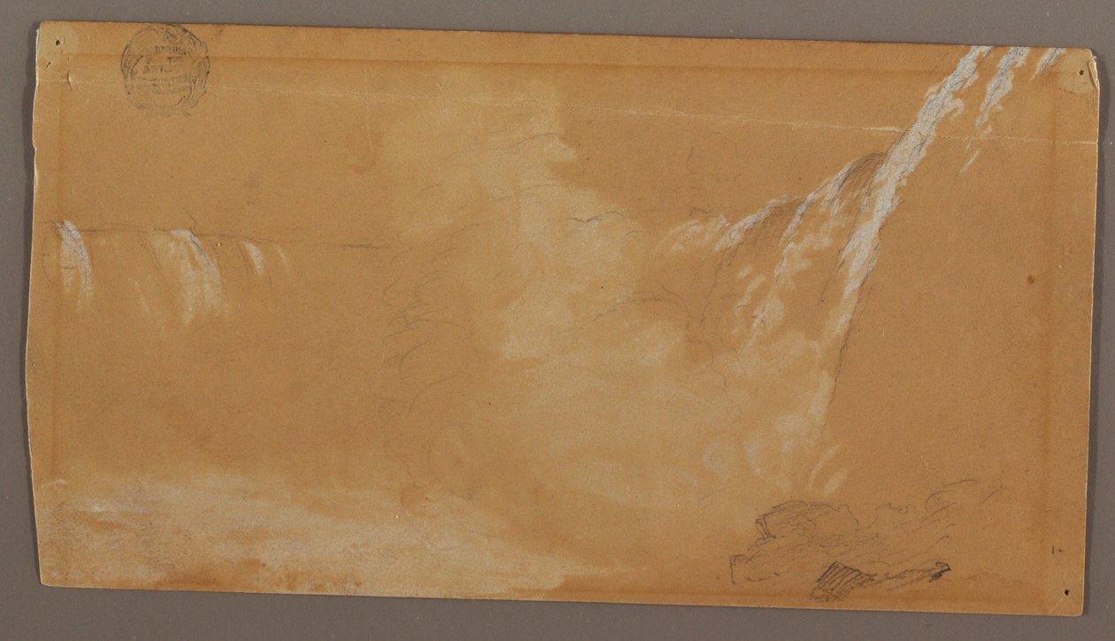 Piirros, Hevosenkengän putousten suurempi osa Niagara-joen Kandinavian puolelta katsottuna, mahdollisesti 1858. tekijältä Frederic Edwin Church
