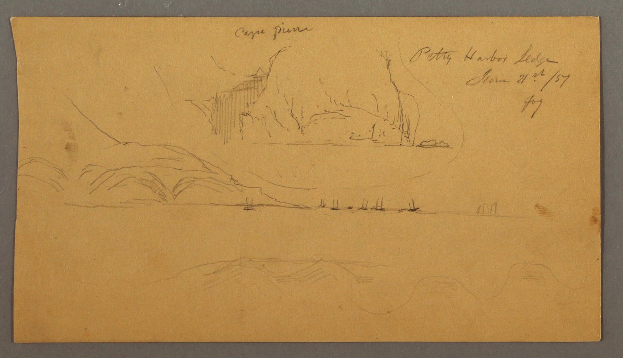 Piirros, satama, purjeveneet, vuoret, 21. kesäkuuta 1859. tekijältä Frederic Edwin Church
