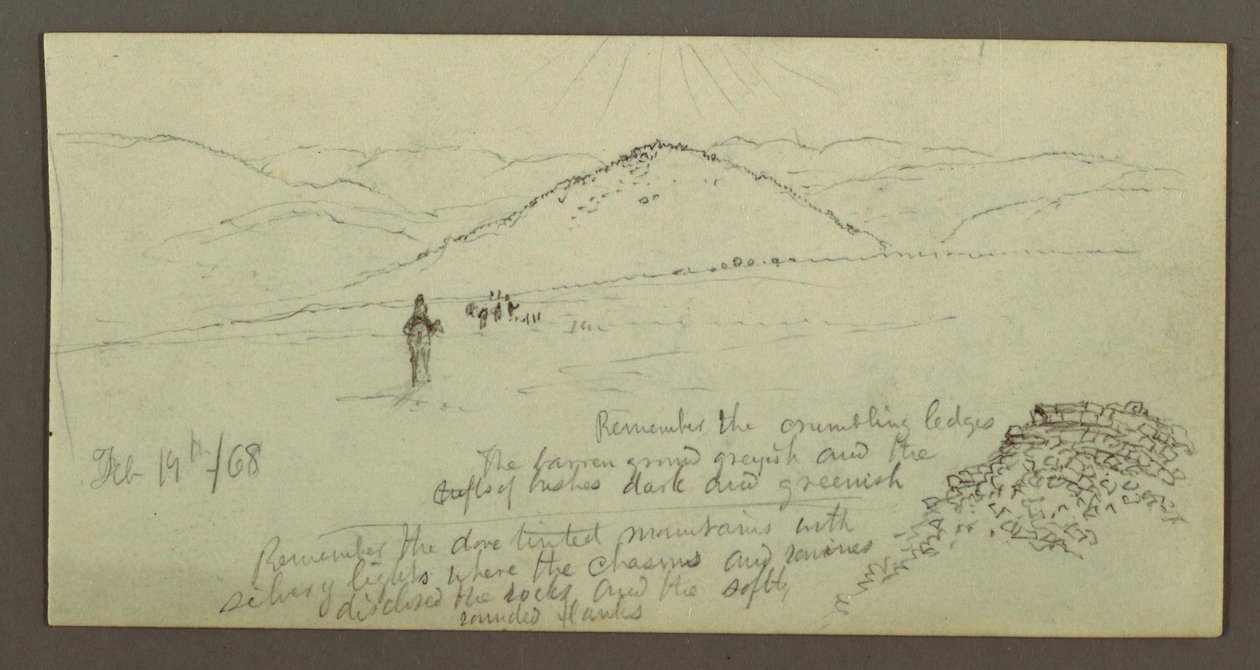 Piirros, kivikasa, tasanko ja vuoret, Sun, 19. helmikuuta 1868. tekijältä Frederic Edwin Church