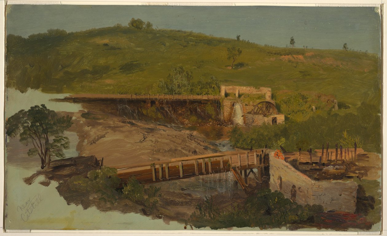 Piirros, kukkula, jolla on viadukteja ja raunioituneita myllyjä, lähellä Catskilliä, New York, n. 1865. tekijältä Frederic Edwin Church