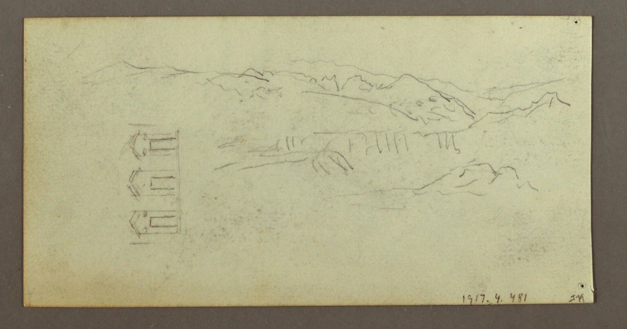 Piirros, hevonen, selkäpuolen hahmo, puita, mahdollisesti 1868 tekijältä Frederic Edwin Church